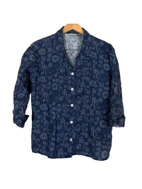 Putumayo Women's Linen Button-Down Shirt Size Large 3/4 Sleeves Blue White